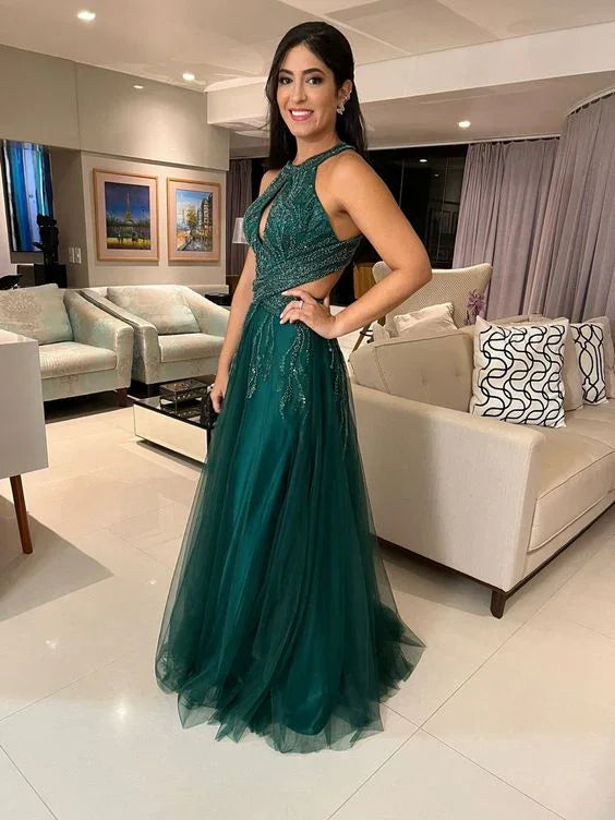 Robe de soirée verte en tulle coupe trapèze, Robe de bal verte Y5650