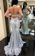 Vestido de fiesta formal plateado con lentejuelas y escote halter estilo sirena Y1506