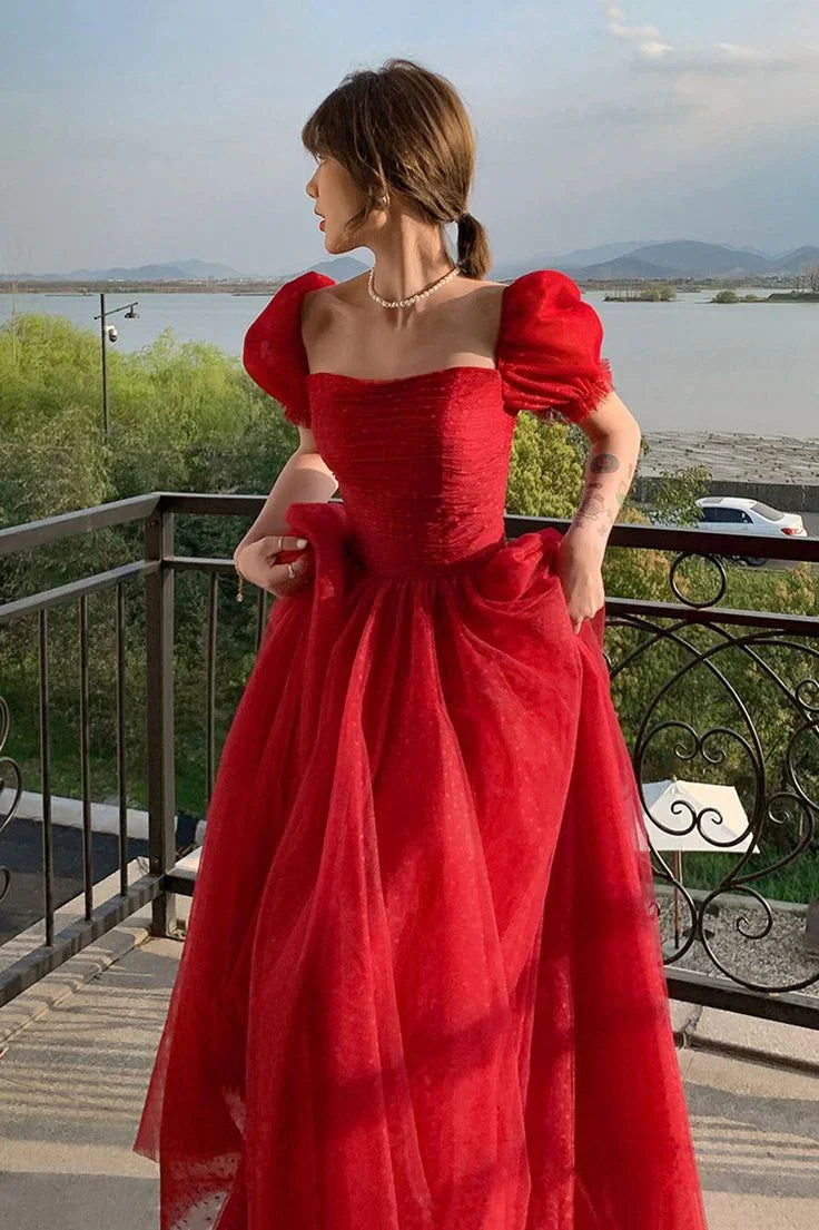 Vestido de fiesta largo de tul rojo bonito en línea A Y7771