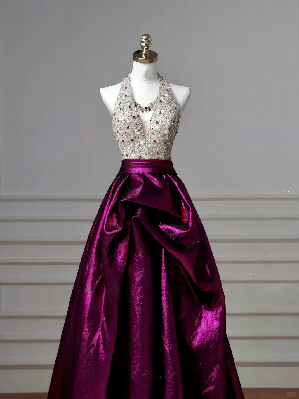 Classy Halter Purple Beaded Satin A Line Prom Dress Long Evening Dress Y8609