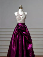 Classy Halter Purple Beaded Satin A Line Prom Dress Long Evening Dress Y8609