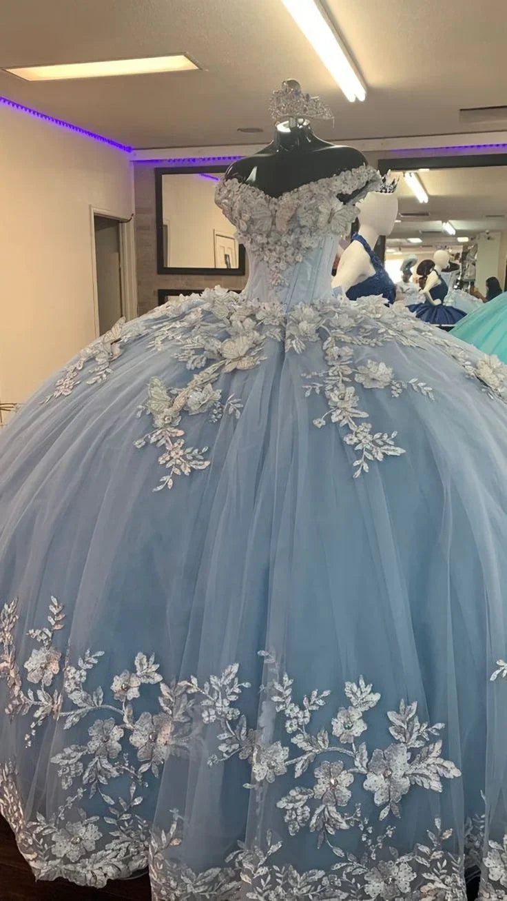Vestido de Baile Princesa Azul Fairy com Aplicações em Tule Vestido de Quinceanera Y7838