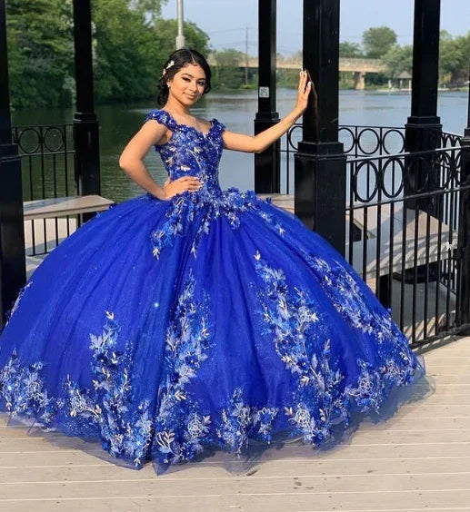 Vestidos de Baile Azul Real com Saia Rodada para Quinceanera, Flores 3D, Decote Coração, Doce 15 e 16 Anos, Vestidos para Baile de Finalistas Y2821