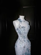 Dream Blue Tulle Sequins Appliques Mermaid Evening Dress Long Prom Dress Y8673