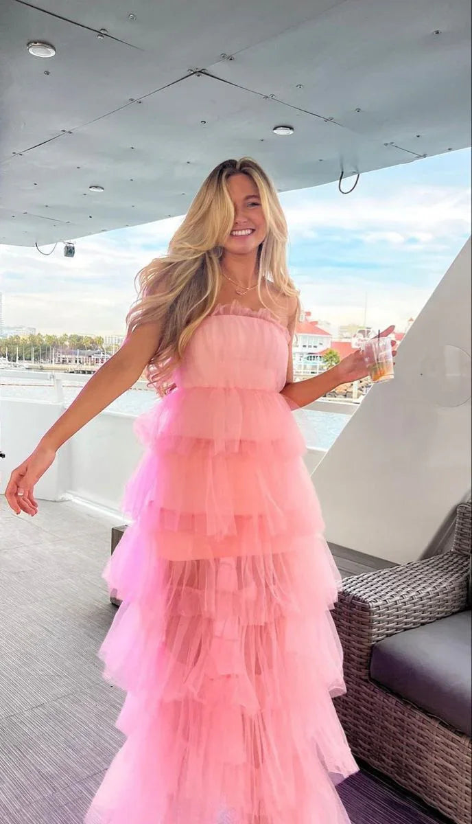 Robe de bal longue élégante en tulle rose à couches, robe de soirée rose Y2303