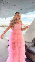Robe de bal longue élégante en tulle rose à couches, robe de soirée rose Y2303