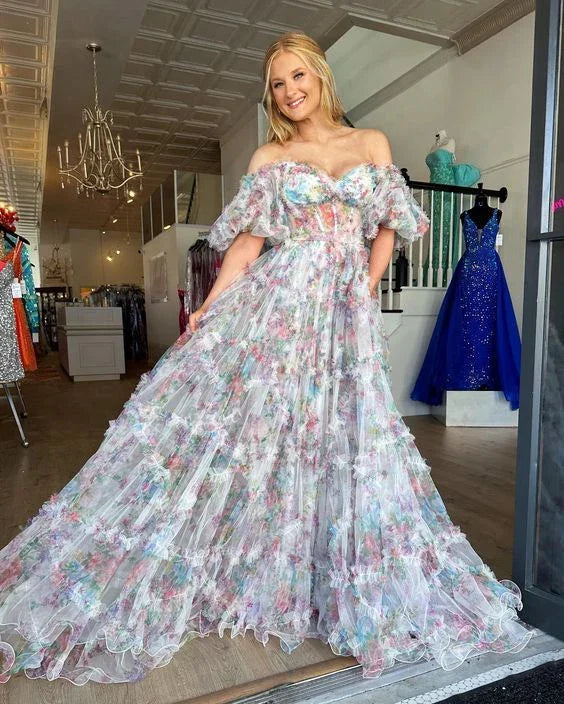 Vestido longo elegante de festa com flores e decote ombro a ombro, vestido de noite em tule Y5889