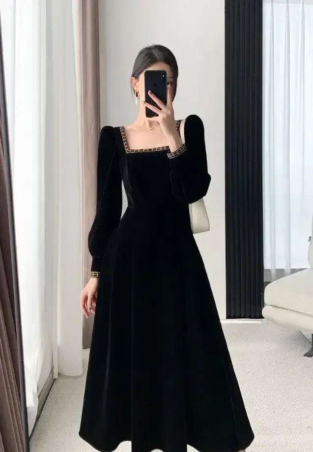 فستان مخملي نسائي بأكمام طويلة وياقة مربعة أنيق ضيق بتصميم رقع فستان سهرة موضة Y6744