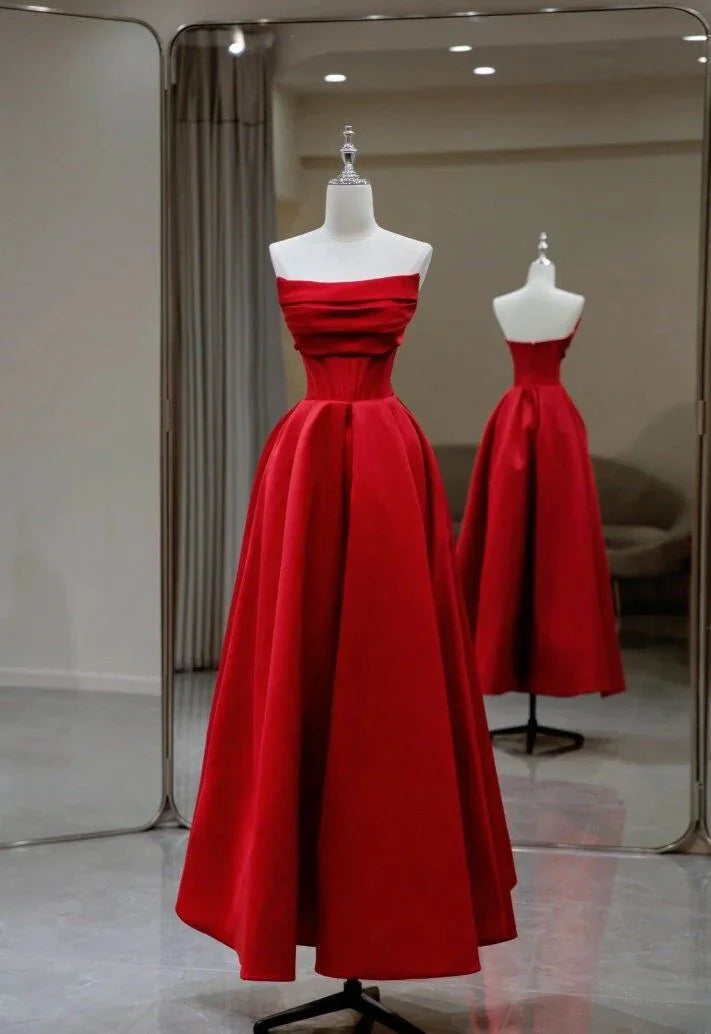 Vestido de noche elegante de satén sin espalda con cuello plano, plisado, largo hasta el suelo, línea en A, vestido de gala Y6815