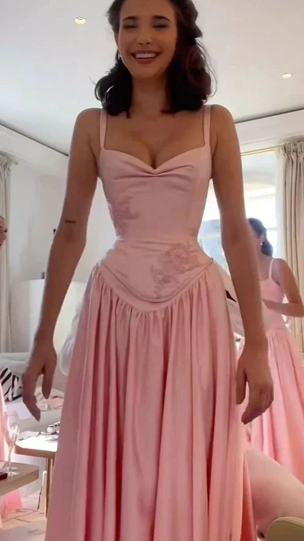 Robe de soirée longue en satin rose élégante, coupe trapèze, bretelles fines, robe de bal Y7820