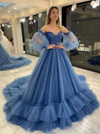 Vestido de baile azul formal comprido com decote coração em tule, mangas bufantes Y6172