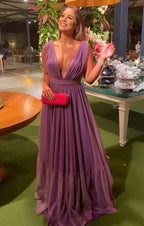 Vestido de noite sexy em tule, corte evasê, decote profundo em V Y5538