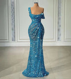 Ein-Schulter Glänzendes Abendkleid Lang Meerjungfrau Blau Sexy Festliches Kleid Y6112