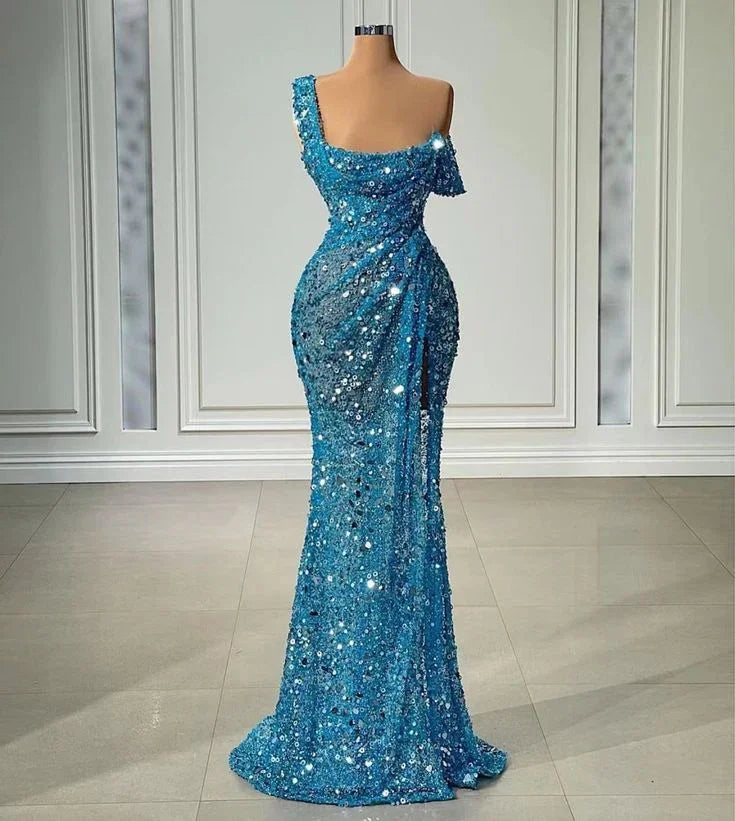 Ein-Schulter Glänzendes Abendkleid Lang Meerjungfrau Blau Sexy Festliches Kleid Y6112
