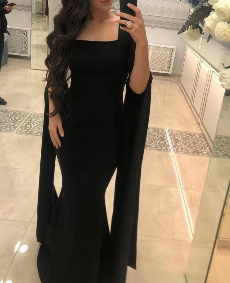 Vestido de noche elegante negro con escote cuadrado y corte sirena, vestido de gala negro Y5557