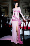 Hermoso vestido largo de noche y baile con gran lazo, abertura, lentejuelas y gasa rosa Y8474