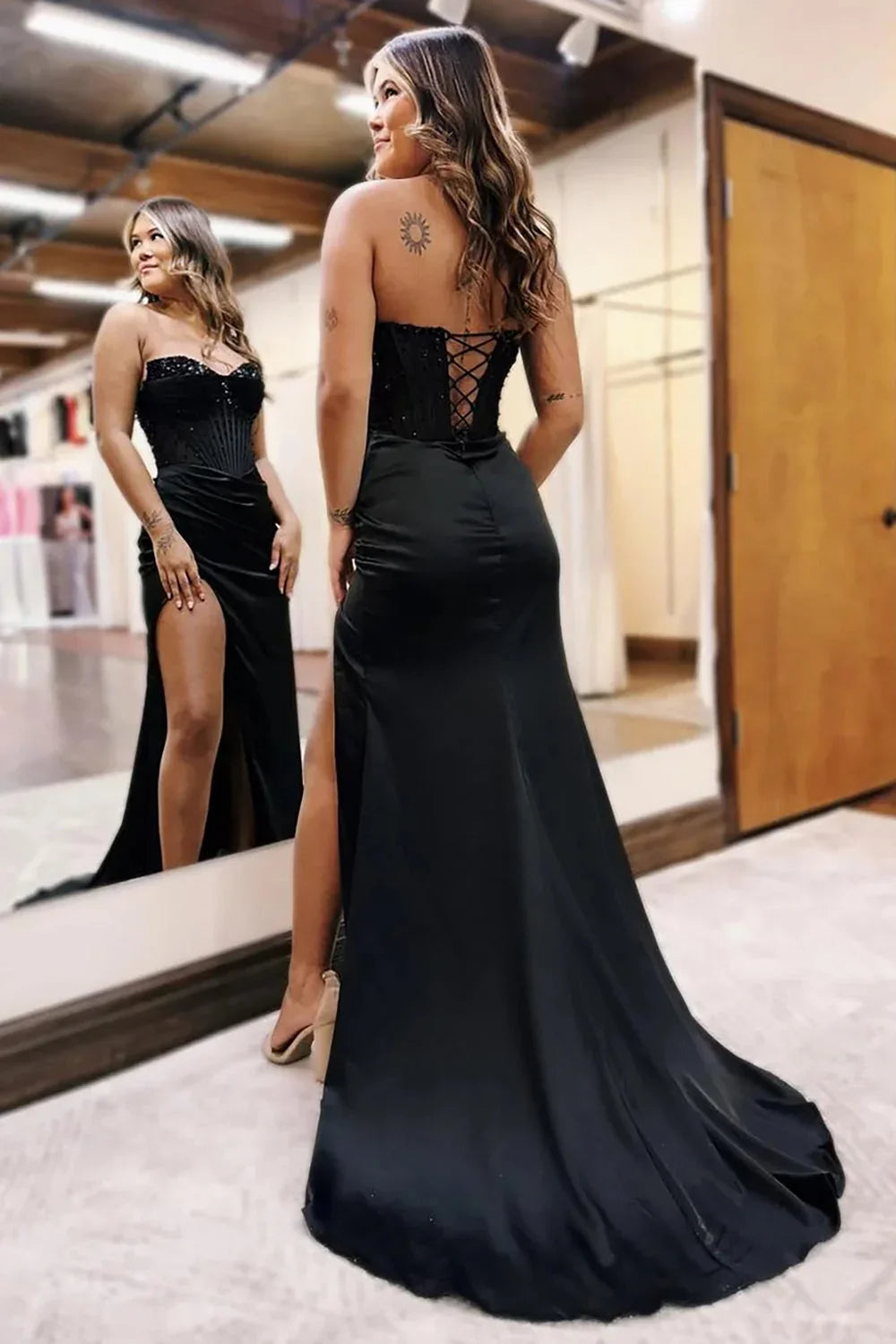 Vestido largo de baile con corsé de satén de sirena y cuentas, estilo enamorado