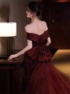 Vestido de Noite Ombro a Ombro Sereia com Laço Borgonha Vestido de Baile Y7181