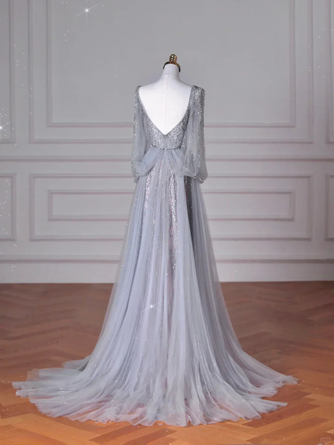 Classy Blue V Neck Sequins Beaded Tulle Prom Dress A Line Backless Evening Dress Y8644