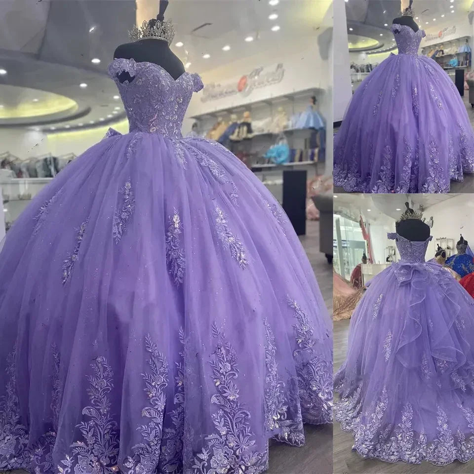 Vestido de baile com corpete lilás para Quinceañera mexicana, vestido de aniversário com rendas e apliques Y1476