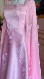 Luxury Pink Satin Long A Line Evening Dress Pretty Appliques Prom Dress Y7591