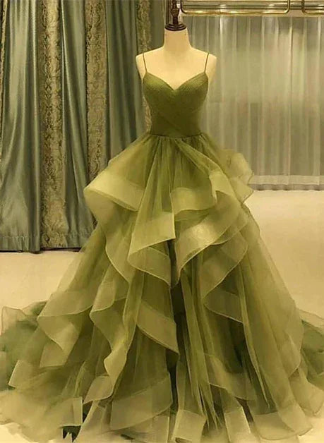 Grüne Träger Herzensdame Tüll Langes Abendkleid Grünes Geschichtetes Tüll Ballkleid Y987