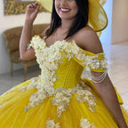 Vestido Amarelo de Baile para Quinceanera com Ombros Descobertos, Fecho de Laçada nas Costas, Cauda Longa, Aplicações e Contas Y656