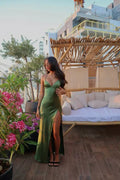 Vestido de Festa Verde com Alças Finas Sensuais, Fenda Longa, Vestido de Noite Y7912