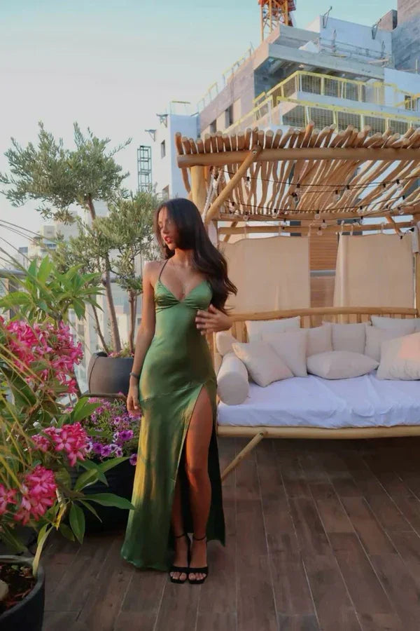 Vestido de Festa Verde com Alças Finas Sensuais, Fenda Longa, Vestido de Noite Y7912