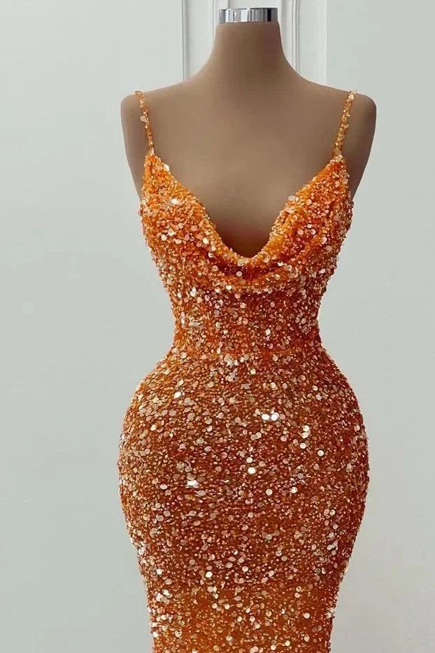 Vestido de noite laranja com alças finas, brilhante, estilo sereia, vestido de baile Y6105