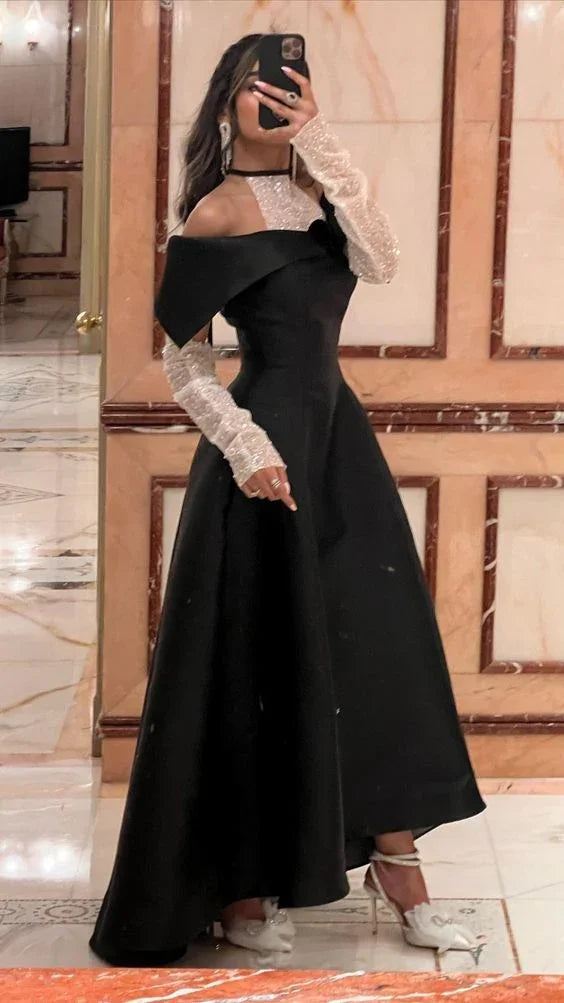 Classy Black A-line Satin Evening Dress Black Dinner Dress Y6700