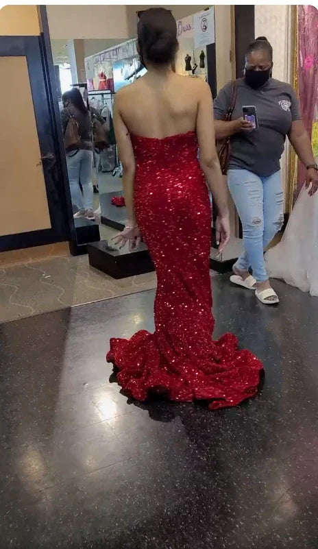 Robe de bal sirène chérie rouge à sequins robe de soirée brillante robe de fête Y274