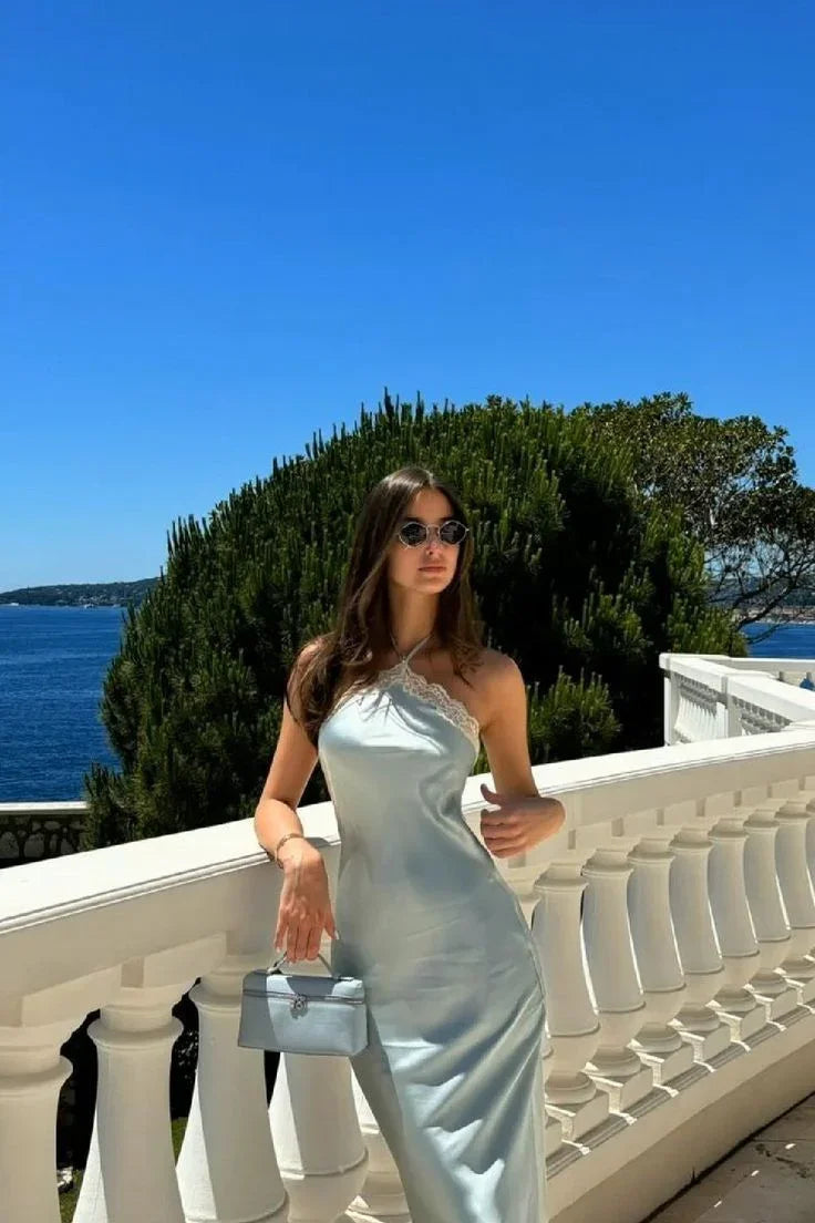 Vestido de Festa Elegante de Cetim com Renda e Alças ao Pescoço Y8169