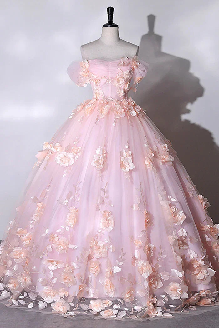 Vestido de Baile Formal Coração com Flores Cor-de-Rosa, Vestidos Longos Cor-de-Rosa para Sweet 16 Y6951