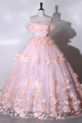 Vestido de Baile Formal Coração com Flores Cor-de-Rosa, Vestidos Longos Cor-de-Rosa para Sweet 16 Y6951