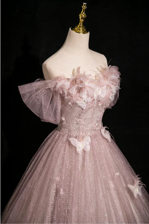 Elegant Pink Tulle Sequins Ball Gown Butterfly Appliques Formal Evening Dress Y7996