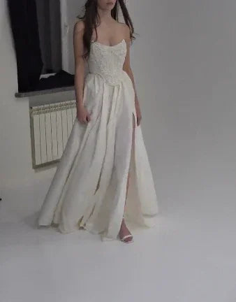 Classy Strapless Satin Beaded Evening Dress A Line Slit Prom Dress Y8314