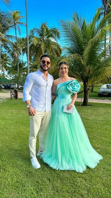 Vestidos de Festa Verde Menta em Linha A com Flores 3D Vestidos de Baile para Ocasião Formal Y6788