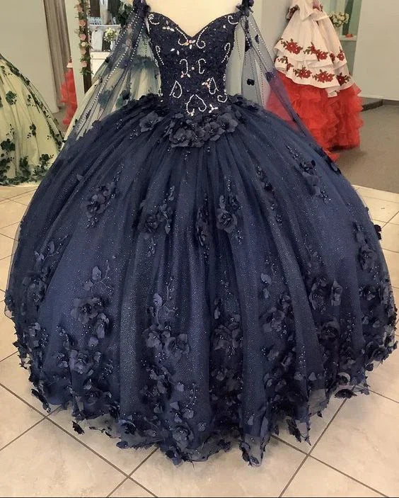 Abiti da cerimonia blu navy da donna con applicazioni per Quinceañera, abiti ricamati con perline, fiori tridimensionali, abito a palloncino, Y2480