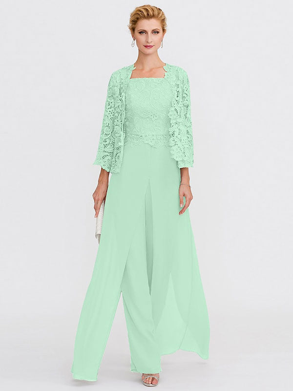 3 Piece Chiffon Square Neck Mother of the Bride Pantsuits with Jacket