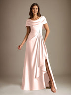 A-Line Scoop Floor-Length Stretch Satin Mother of the Bride Dress With Cascading Ruffles