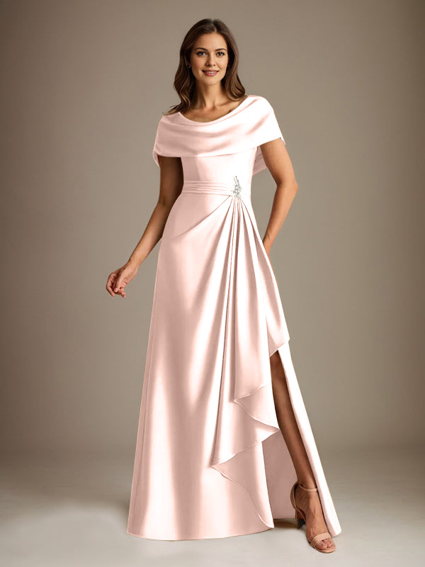 A-Line Scoop Floor-Length Stretch Satin Mother of the Bride Dress With Cascading Ruffles
