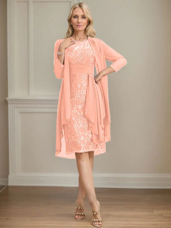 Etui/Säulenförmiges Kleid mit Illusion, knielang, aus Spitze und Chiffon, Brautmutterkleid mit herabfließenden Rüschen und Pailletten