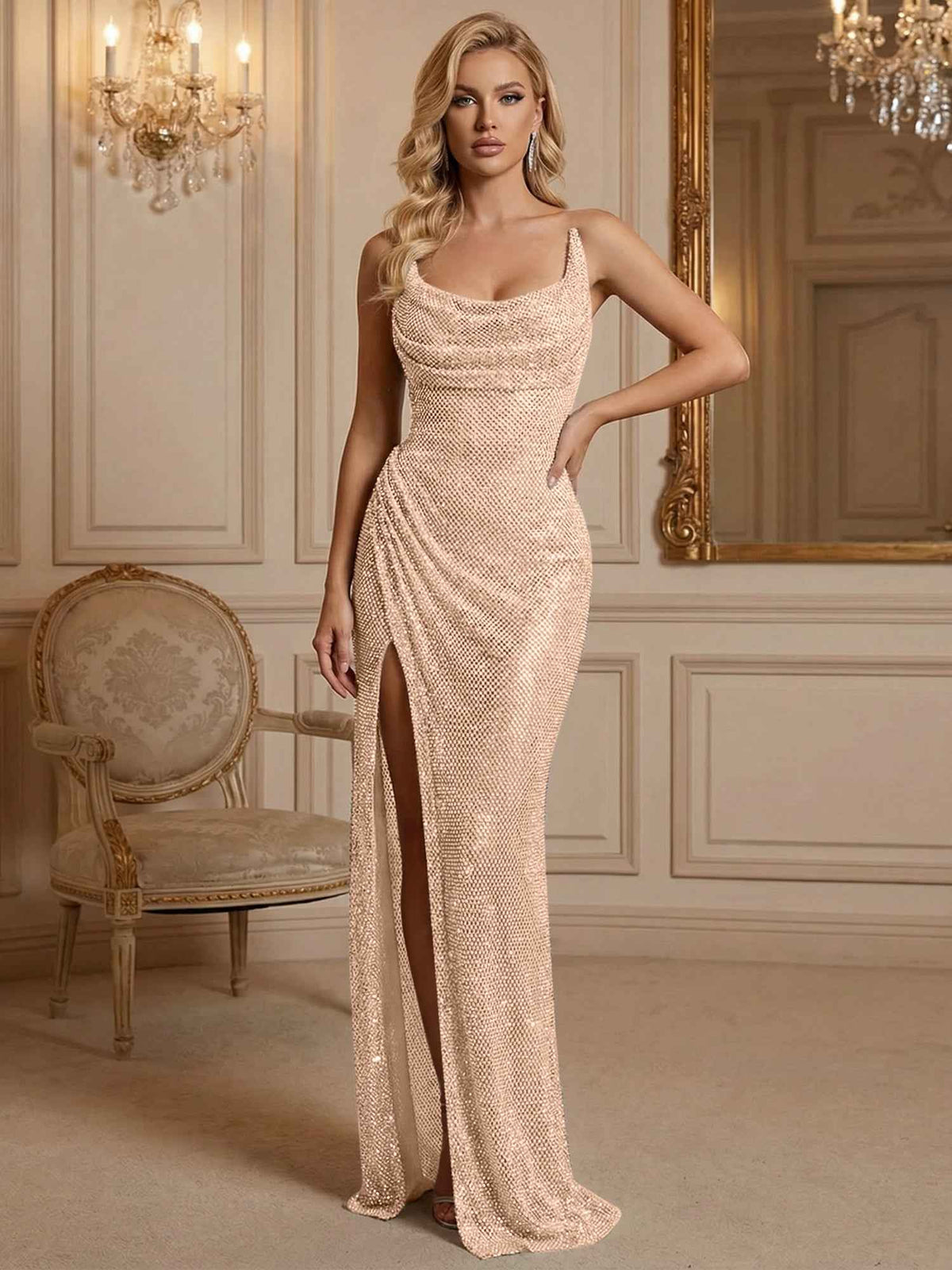 Silver Sequin Cowl Neck Ruched Long Prom Dress With High Slit