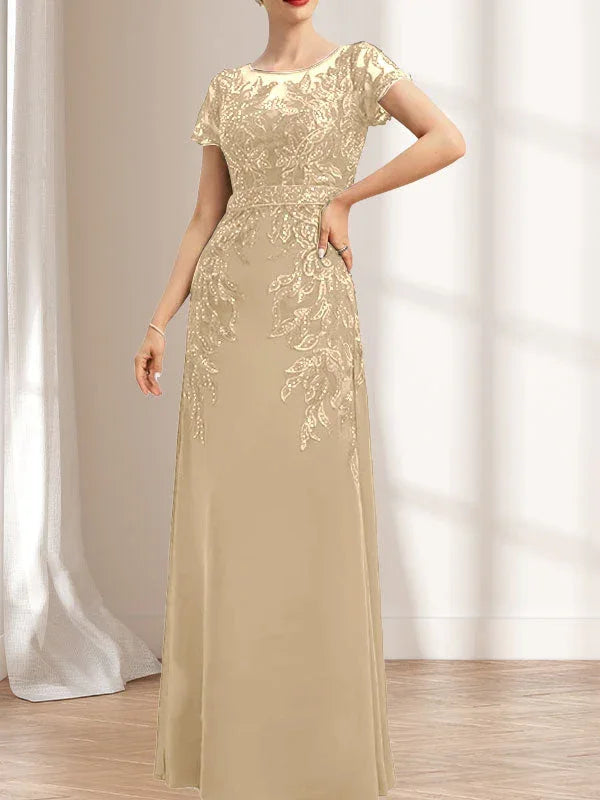 Vestido de madrina de novia con ilusión, corte columna y fajín, largo hasta el suelo, de encaje y gasa con lentejuelas