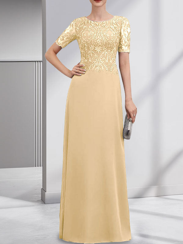 A-line Scoop Floor-Length Lace Chiffon Mother of the Bride Dress With Sequins