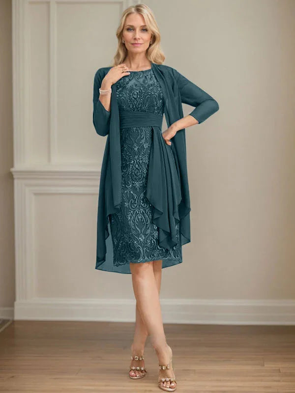 Etui/Säulenförmiges Kleid mit Illusion, knielang, aus Spitze und Chiffon, Brautmutterkleid mit herabfließenden Rüschen und Pailletten