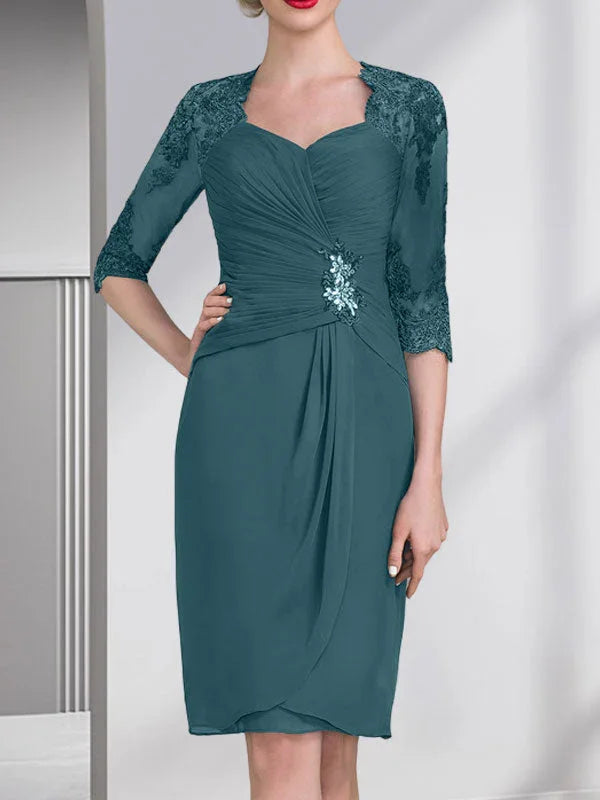 Vestido de madrina de novia de gasa con apliques de cuentas, encaje, lentejuelas y pliegues, largo hasta la rodilla, corte tubo y columna, con escote corazón