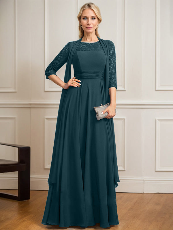 A-line Scoop Illusion Floor-Length Lace Chiffon Mother of the Bride Dress With Pleated