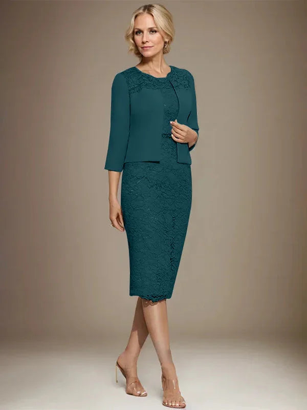 Vestido de madrina de novia de encaje de gasa con abalorios, corte columna y largo hasta la rodilla